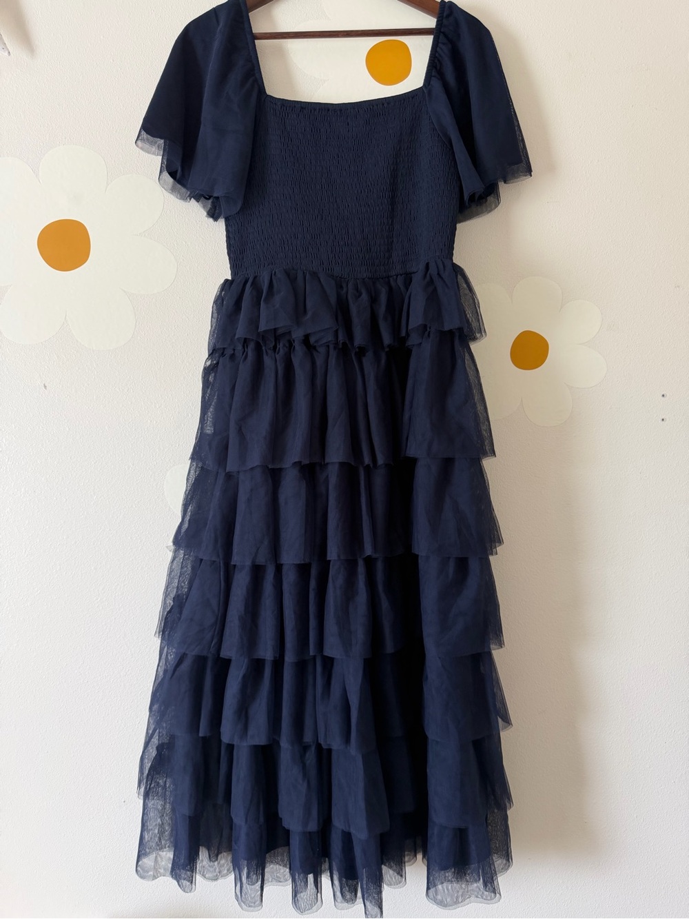 EUC Bohme Navy Mia Ruffled Tulle Smocked Maxi Dress - Picture 7 of 12